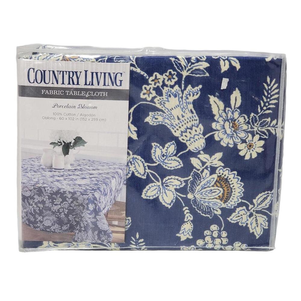 Vintage Country Living Fabric Tablecloth Porcelain Blossom Blue Floral 60 × 102"